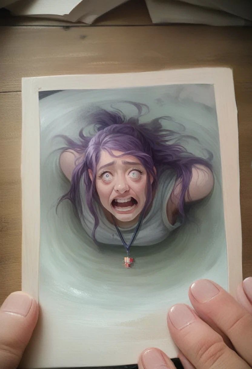 A Japanese girl., purple hair in a ponytail, blue necklace, gray tank top, scared, stuck in quicksand reaching up to her breast, trying to move to get free, (Best Quality, 4k, 8k, high resolution, Masterpiece: 1.2), ultra detailed, (realist, photorealist, photo-realist: 1.37), quicksand, vivid colors, studio lighting