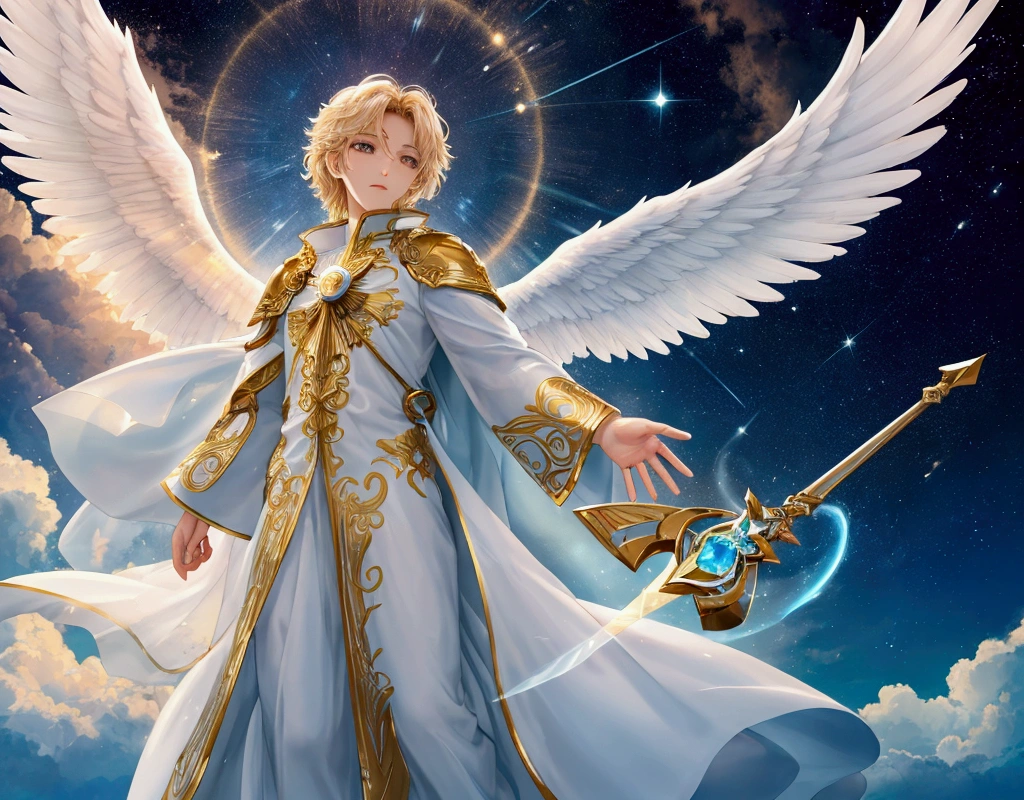 Create an inspiring and heavenly image of a man for your song thumbnail "Song for Archangel Michael - Celestial Protection". The image must convey peace, protection and spirituality. Here are the elements to include: Central Figure of Archangel Michael: A majestic figure of Archangel Michael, with open wings and a sword of light in his hands. He should be enveloped in an aura of golden or blue light. heavenly scenery: A background with starry sky or bright clouds, giving a feeling of being in heaven. Elements of Light and Brightness: lightrays, Almost, or orbs of energy that emanate from the figure of the archangel and spread across the scene. Inspiring Text: Include the song title "Song for Archangel Michael - Celestial Protection" in an elegant, smooth font. Place the text harmoniously, preferably at the top or bottom of the image. Soft and Harmonious Colors: Use shades of blue, doradas, white and other colors that convey serenity and spirituality. Make sure the image is visually appealing and conveys the message of protection and peace that the song represents.