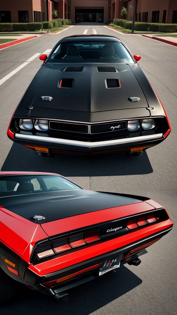 1980's dodge challenger, black paint job with red accents.