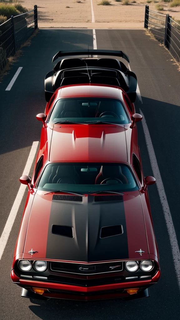 1980's dodge challenger, black paint job with red accents.