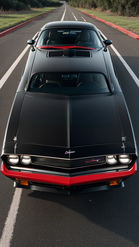 1980's dodge challenger,  black paint job with red accents.