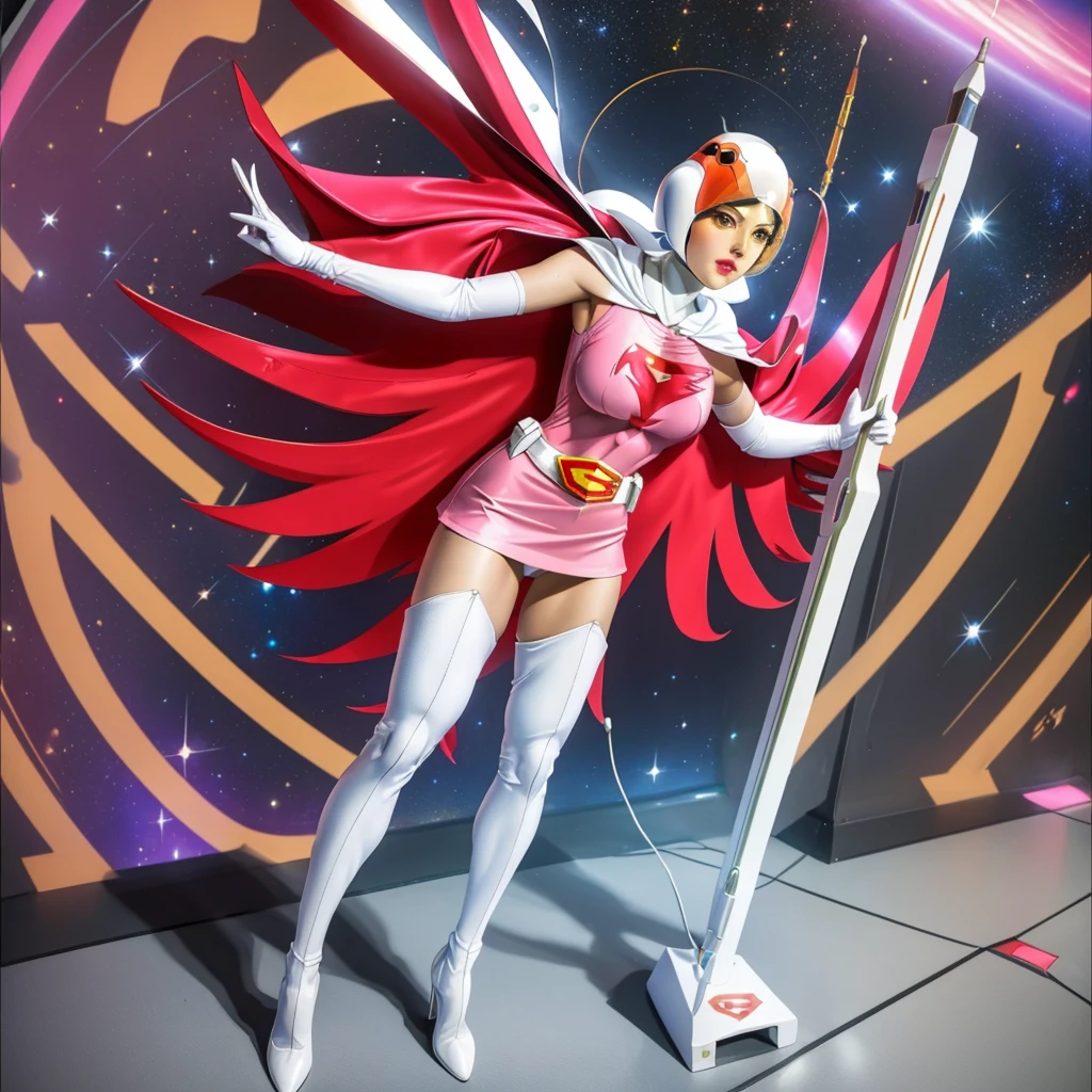 ANI_CLASSIC_jun_gatchaman_ownwaifu,1girl, yo,good anatomy, masterpiece, best quality,realistic, hyper realistic, 16k hdr, long hair,breasts,lips,large breasts,lipstick,makeup,gloves,cape,helmet,belt,elbow gloves,white gloves,mask,ultra miniskirt,leotard,spacesuit,white tight overknee highheels boots,pink dress,superhero,bodysuit,cleavage,erected nipples,(stand pose,front view),(spread legs:1.1),cameltoe