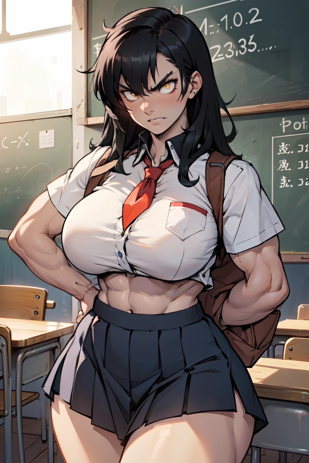 ((1girl)), black hair, extremely long hair, yellow eyes, ((muscular)), huge breasts, thick thighs, solo, angry, (pale skin), cowboy shot, (school uniform) (huge breasts)