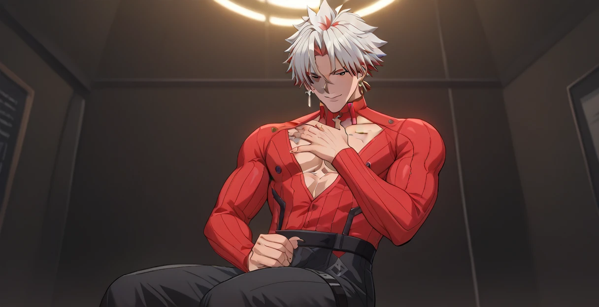 score_9, score_8_up, score_7_up, source_anime, looking at viewer, intricate details, 1boy, young, scar_wuwa, solo, male focus, multicolored hair, white hair, red hair, heterochromia, red eyes, black eyes, tsurime, scar, seductive smile, toned male, sitting in the dark, dark room, indoors, sinozick style, from below, hand on chest, muscular male, one hand masturbation, no pants, no shirt, visible biceps, bara, muscular male, penis visible, shirt pulled up, no clothes, waist up shot, precum drip, nsfw, muscle worship