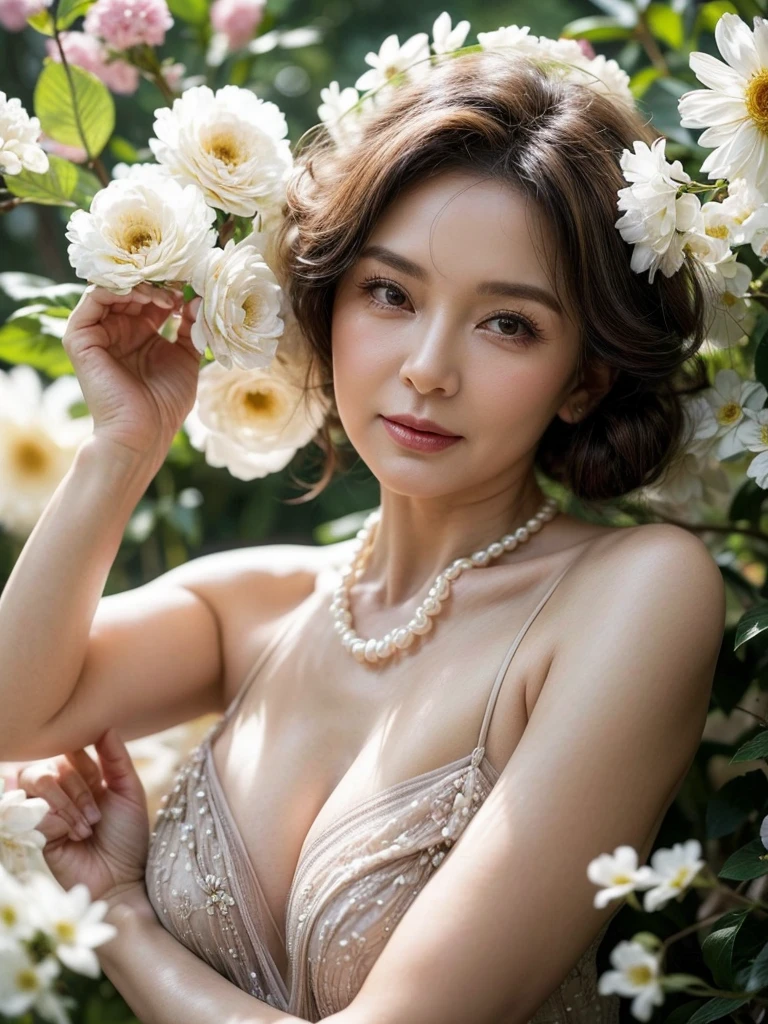 Beautiful elderly woman, cute,sexy,80 years old,,sexy,Wear a pearl necklace, Flowers in her hair, hair bunches, holding a little bunch of white flowers in her hand, posing with flowers, old woman, Ultra big Big saggy soft:1.4, Breasts, Curly Hair, big nipples, mature nipples