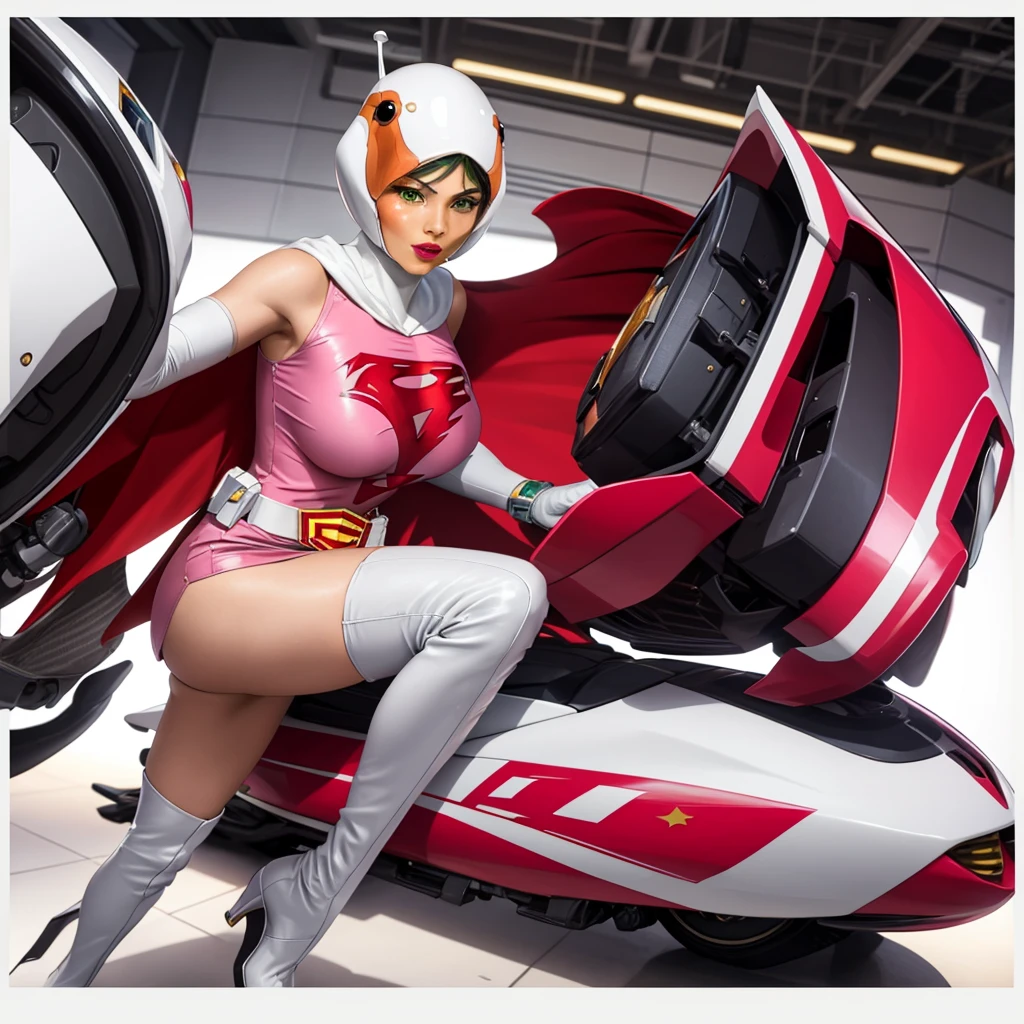 ANI_CLASSIC_jun_gatchaman_ownwaifu,1girl, ,good anatomy, masterpiece, best quality,realistic, hyperrealistic, 16k hdr, long hair,breasts,green eyes,lips,large breasts,lipstick,makeup,gloves,cape,helmet,belt,elbow gloves,white gloves,mask,ultra miniskirt,leotard,spacesuit,white tight overknee highheels boots,pink dress,superhero,bodysuit,cleavage,erected nipples,(sexy pose,front view),(spread legs:1.1),cameltoe