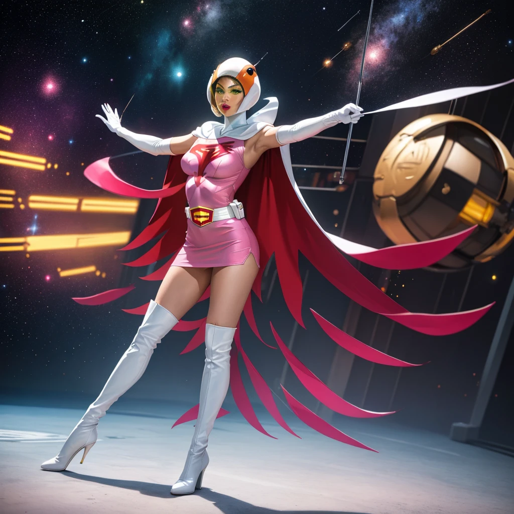 ANI_CLASSIC_jun_gatchaman_ownwaifu,1girl, 15yo,good anatomy, masterpiece, best quality,realistic, hyperrealistic, 16k hdr, long hair,breasts,green eyes,lips,large breasts,lipstick,makeup,gloves,cape,helmet,belt,elbow gloves,white gloves,mask,ultra miniskirt,leotard,spacesuit,white tight overknee highheels boots,pink dress,superhero,bodysuit,cleavage,erected nipples,(sexy pose,front view),(spread legs:1.1),cameltoe