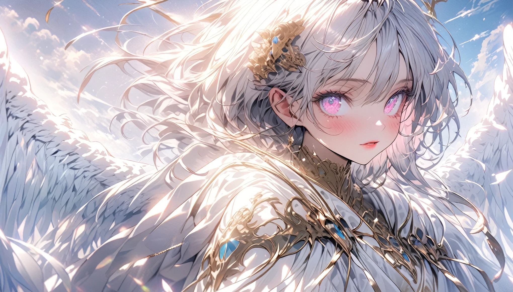 ((original photo)), ((masterpiece)), Anthropomorphic humanoid angel girl wearing white noble robe, intricate details, Intricate Gribbles Works, The sky behind, Pink, beautiful wings, Detailed eyes and lips