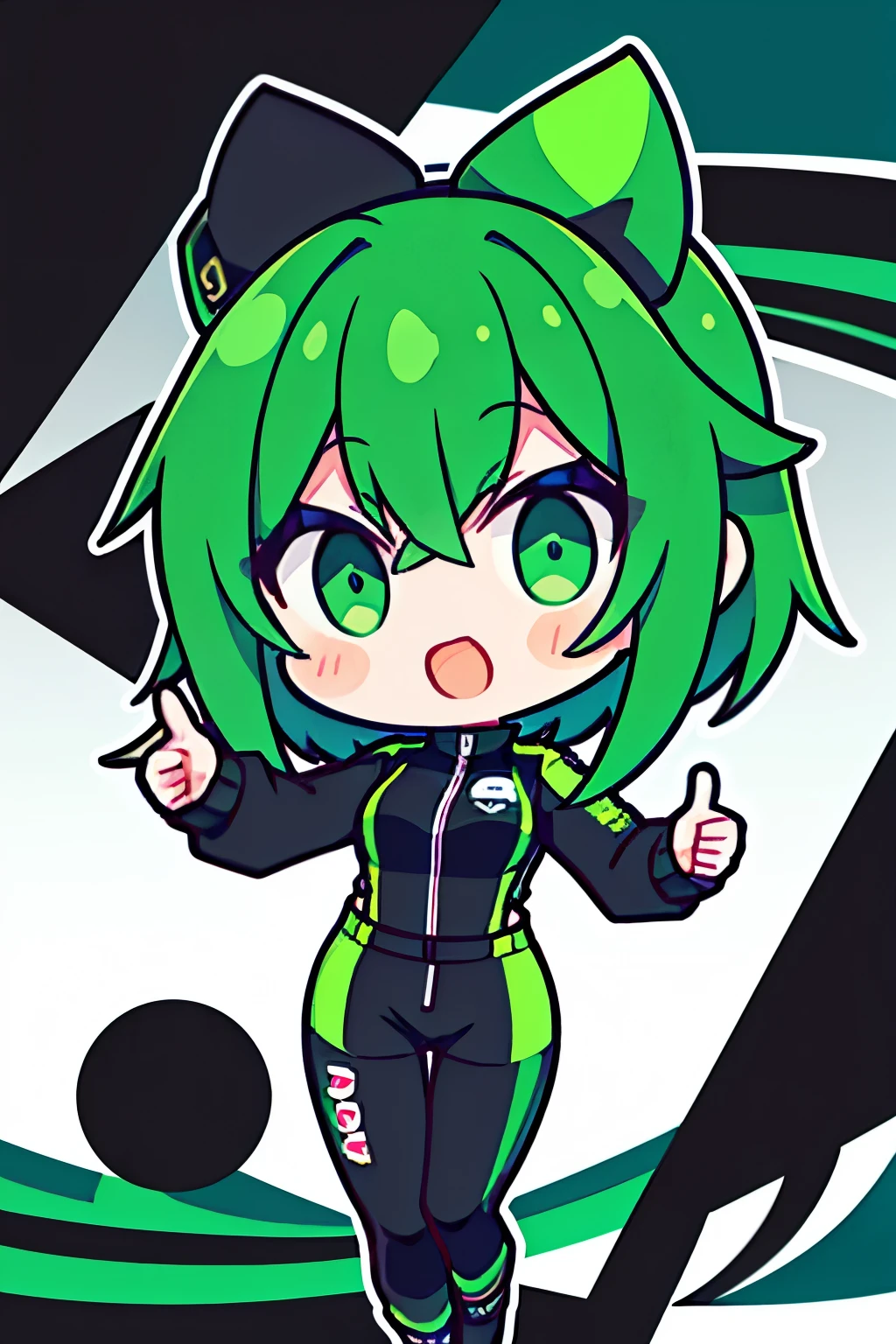 The logo of a car modification company called Infortunio,The logo features a girl with short black and green hair,Wearing a racing suit and giving a thumbs up。
