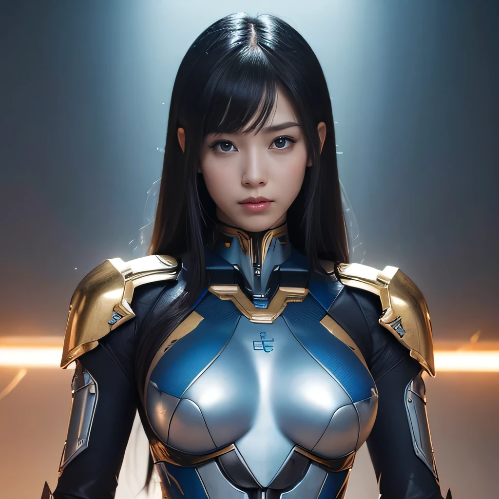 Textured skin, Very detailed, Attention to detail, high quality, 最high quality, High resolution, 1080P, , beautiful,(Super Heroine),Missile Guide,Beautiful cyborg woman,Mecha Cyborg Girl,Battle Mode,A girl with a metallic blue and gold mecha body,she&#39;Armed Combat Cyborg、Equipped with combat mechs,Full Body Shot、Diffuse reflection of laser light