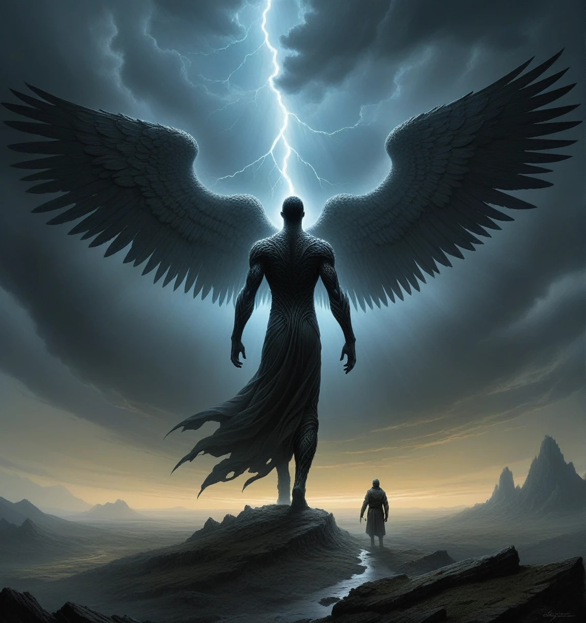 (Digital artwork by Beksinski) A young man saw an angel falling from the sky，The wings are broken，So he tried to help him by repairing the angel&#39;s wings., Angels Cry, Warm and soft atmosphere, High quality graphics, Cyberpunk style, Soft colors, There is a large broken heart sculpture in the background，The interior emits a bright amber glow, Full of love and professionalism, invite, Sufficient lighting, high resolution, Focus, commercial, Very detailed, Legendary Dark Fantasy, 