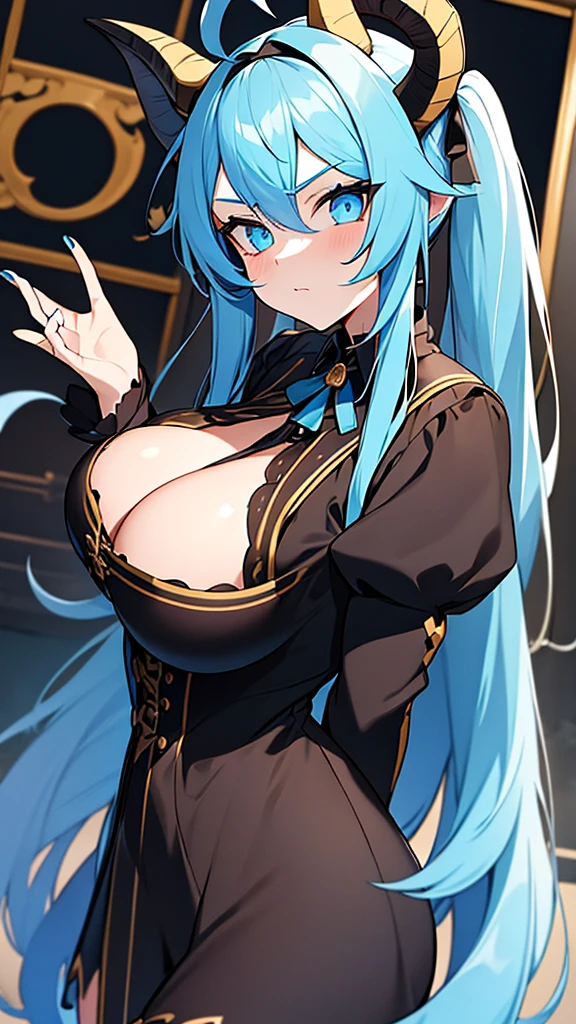 1goat girl, goat ears, golden horns, goat tail, blue hair, two long ponytails, black victorian headband, perfect eyes, gothic makeup, blue eyes, black lipstick, serious face, black necklace, victorian clothing, blue and black fluffly dress, long black stockings, blue shoes, blue hammer in the hand, big breasts, big ass, classroom background