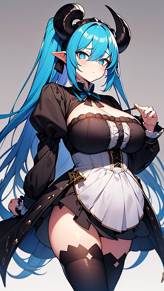 1goat girl, goat ears, golden horns, goat tail, blue hair, two long ponytails, black victorian headband, perfect eyes, gothic makeup, blue eyes, black lipstick, serious face, black necklace, victorian clothing, blue and black fluffly dress, long black stockings, blue shoes, blue hammer in the hand, big breasts, big ass, classroom background