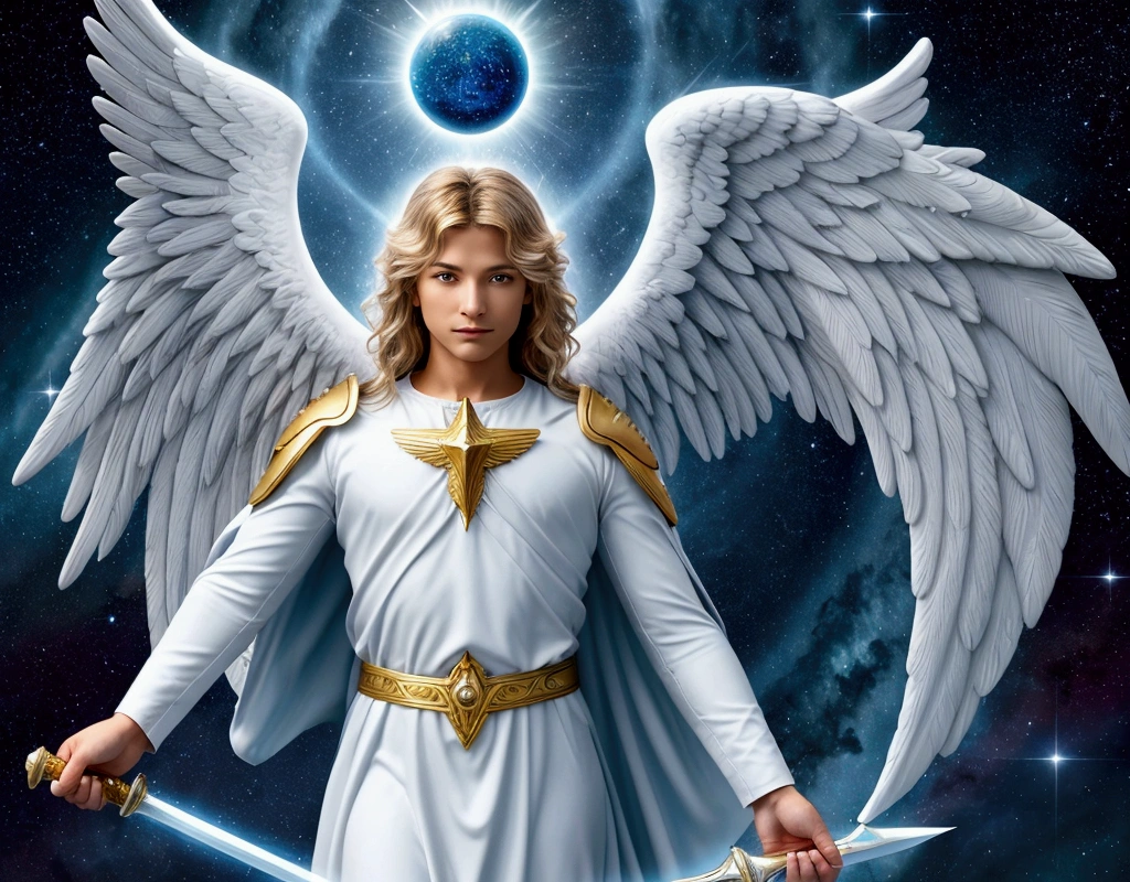 Create an inspiring and heavenly image of a man for your song thumbnail "Song for Archangel Michael - Celestial Protection". The image must convey peace, protection and spirituality. Here are the elements to include: Central Figure of Archangel Michael: A majestic figure of Archangel Michael, with open wings and a sword of light in his hands. He should be enveloped in an aura of golden or blue light. heavenly scenery: A background with starry sky or bright clouds, giving a feeling of being in heaven. Elements of Light and Brightness: lightrays, Almost, or orbs of energy that emanate from the figure of the archangel and spread across the scene. Inspiring Text: Include the song title "Song for Archangel Michael - Celestial Protection" in an elegant, smooth font. Place the text harmoniously, preferably at the top or bottom of the image. Soft and Harmonious Colors: Use shades of blue, doradas, white and other colors that convey serenity and spirituality. Make sure the image is visually appealing and conveys the message of protection and peace that the song represents.