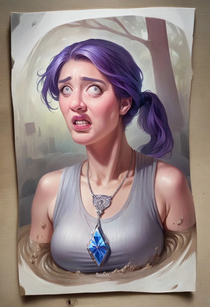 A 14 year old girl., purple hair in a ponytail, blue necklace, gray tank top, scared, stuck in quicksand reaching up to her breast, trying to move to get free, (Best Quality, 4k, 8k, high resolution, Masterpiece: 1.2), ultra detailed, (realist, photorealist, photo-realist: 1.37), quicksand, vivid colors, studio lighting