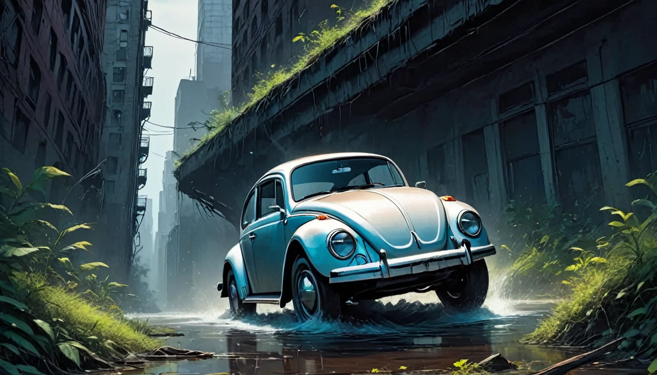 high-contrast palette, subtle grain, timeless feeling, cinematic quality, modern art photograph, a VW Beetle in mid-air jumping off a ramp across a creek Положительные подсказки:, Destroyed skyscrapers, Overgrown vegetation takes over the city, Dark stormy sky, Crumbling infrastructure, Eerie silence, Flickering lights in abandoned buildings, Rusting cars, scattered along empty streets, Ghostly Shadows, moving in the distance, Dark, ominous clouds, swirling above, Distant Thunder, echoing through the empty city, 