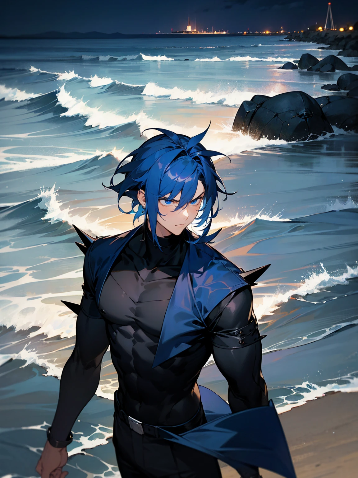 1male, dark blue hair, spiky hair, medium length hair,  light blue eyes, blue Yukata, black turtle neck shirt, earrings, serious, beach, night time, waves in background