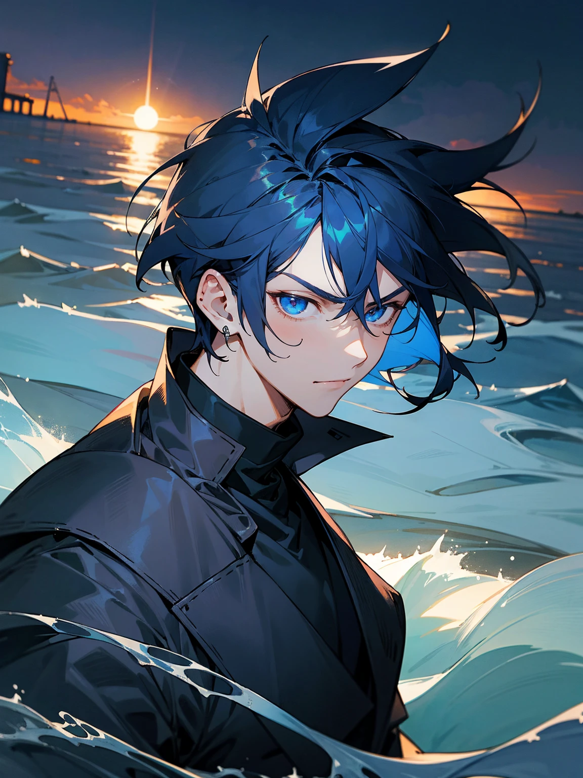 1male, dark blue hair, spiky hair, medium length hair, light blue eyes, blue Yukata, black turtle neck shirt, earrings, serious, beach, night time, waves in background