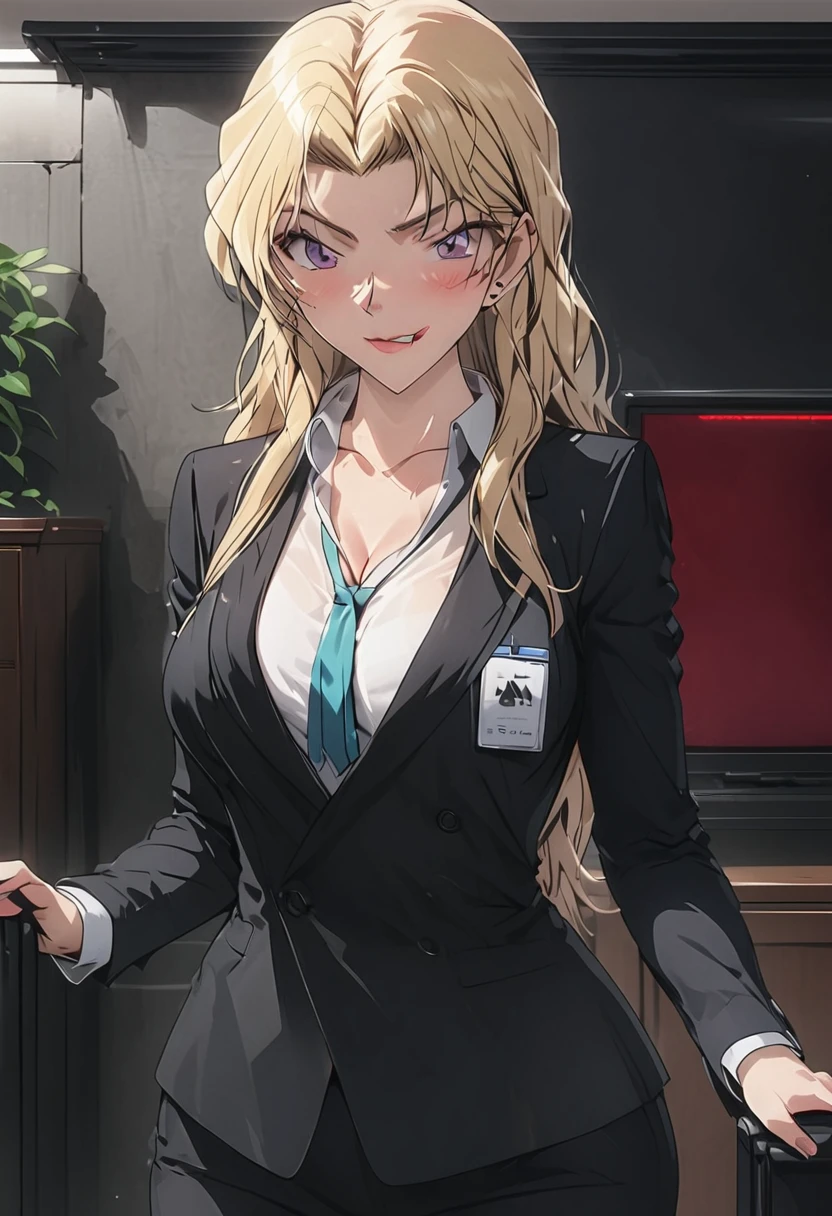 A beautiful teacher in a suit stands in the room, There is a blackboard on the wall behind her, Beautiful teacher, Sexy, aloof, Black wrapped long legs, blonde, Licking lips,Ultra HD, Retina, precise, masterpiece, Anatomically correct, Textured Skin, Super Detail, high quality, High Detail, best quality, high resolution, 1080P