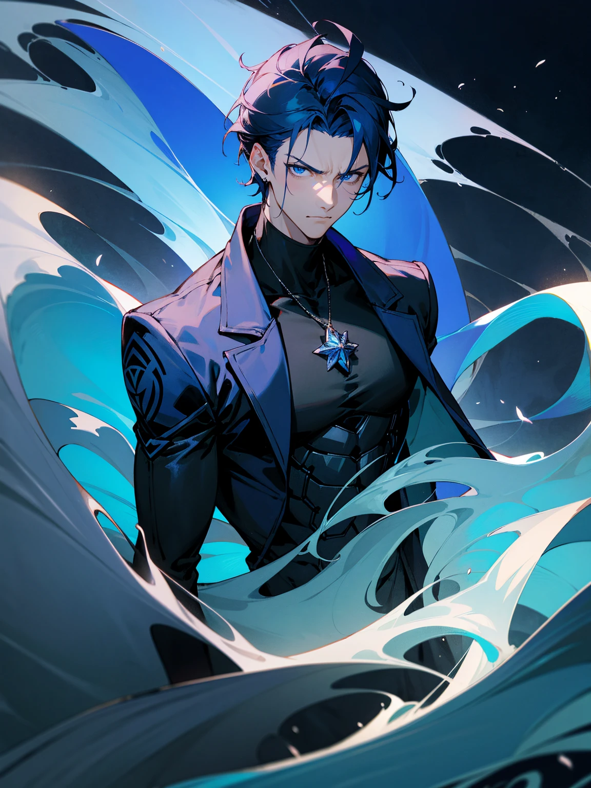 1male, dark blue hair, vergil hair, medium length hair, light blue eyes, blue Yukata, black turtle neck shirt, earrings, serious, beach, night time, waves in background