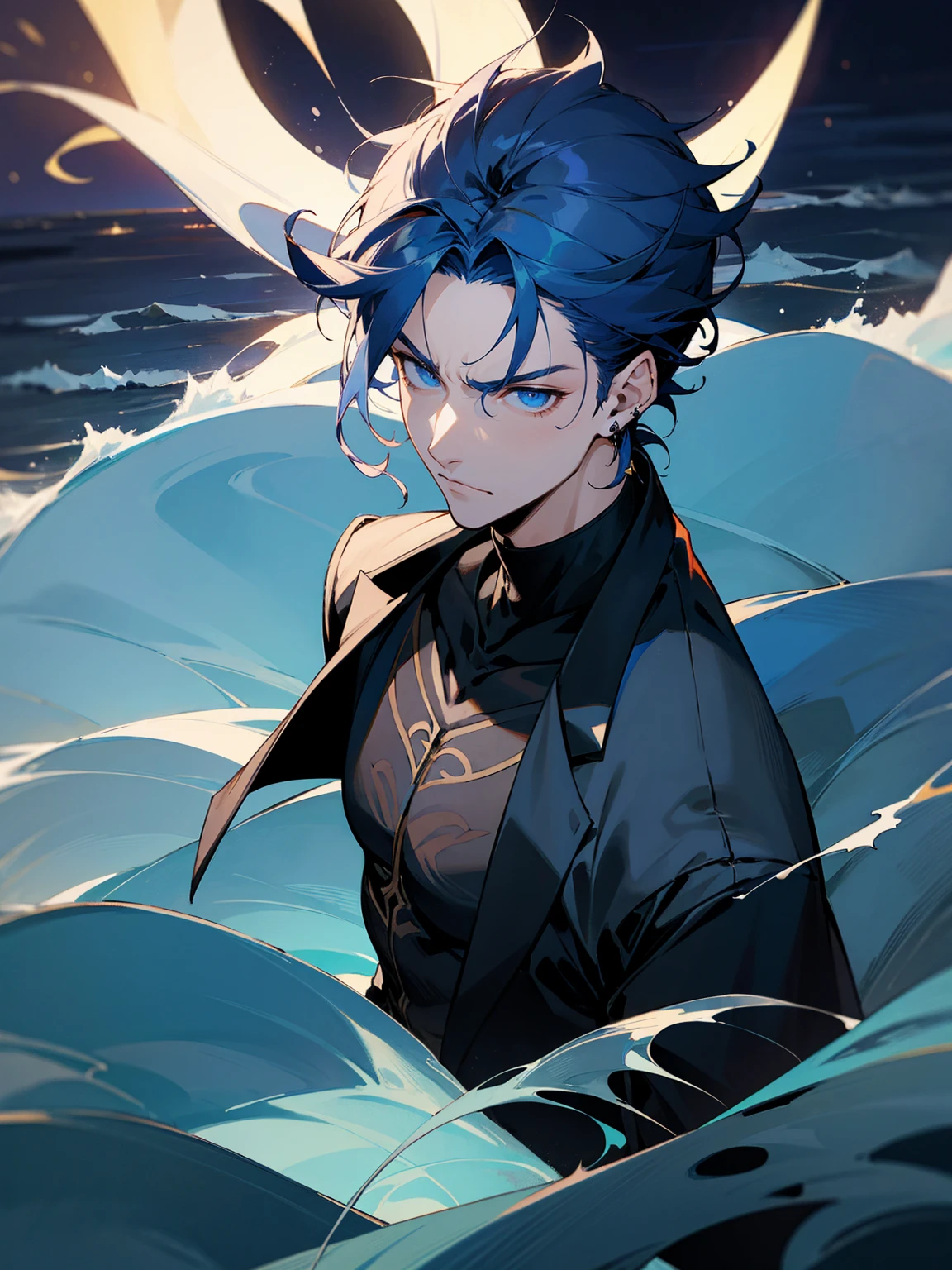1male, dark blue hair, vergil hair, medium length hair, light blue eyes, blue Yukata, black turtle neck shirt, earrings, serious, beach, night time, waves in background