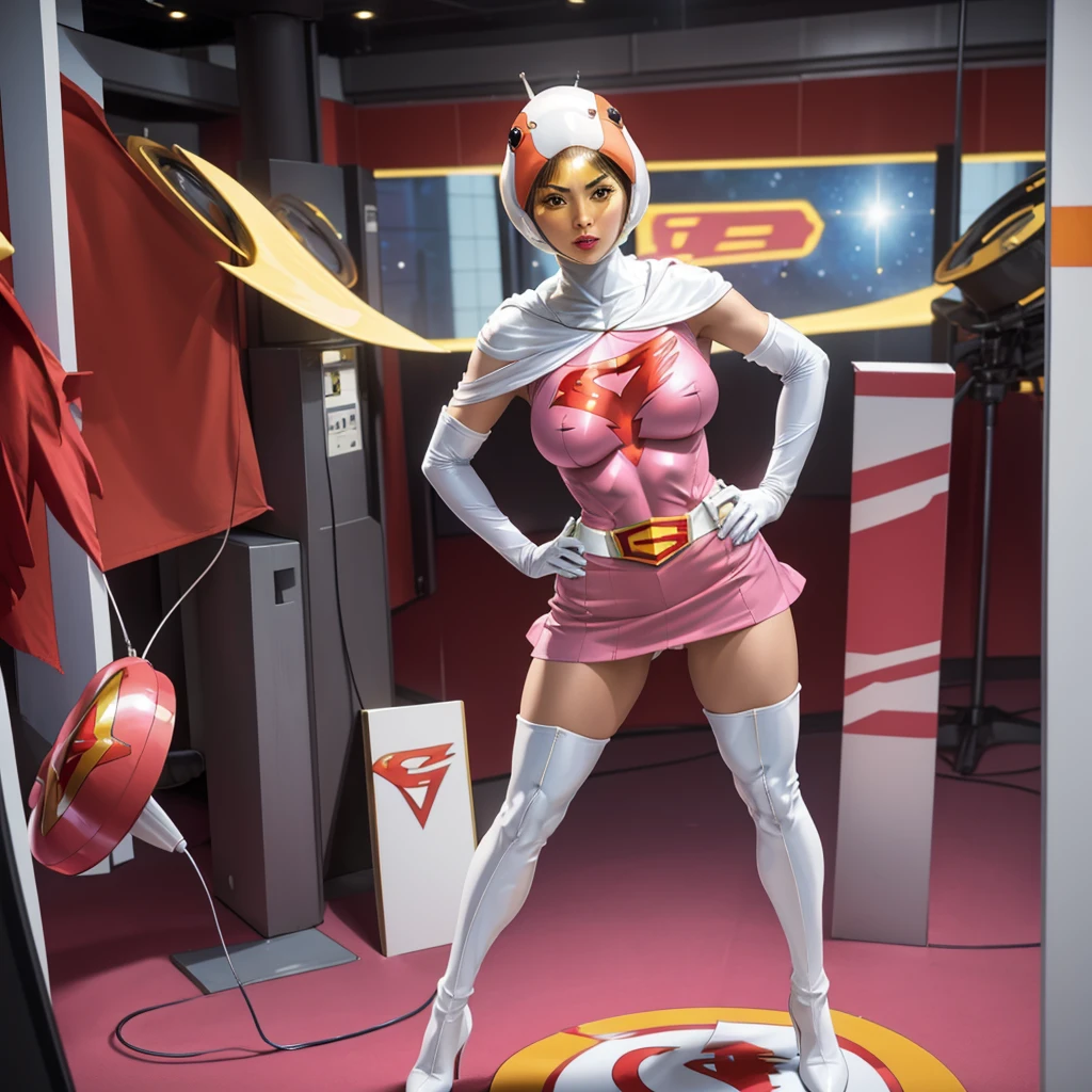 ANI_CLASSIC_jun_gatchaman_ownwaifu,1girl, ,good anatomy, masterpiece, best quality,realistic, hyper realistic, 16k hdr, long hair,breasts,lips,large breasts,lipstick,makeup,gloves,cape,helmet,belt,elbow gloves,white gloves,mask,ultra miniskirt,leotard,spacesuit,white tight overknee highheels boots,pink dress,superhero,bodysuit,cleavage,erected nipples,(stand pose,hands on hip),(spread legs:1.1),cameltoe