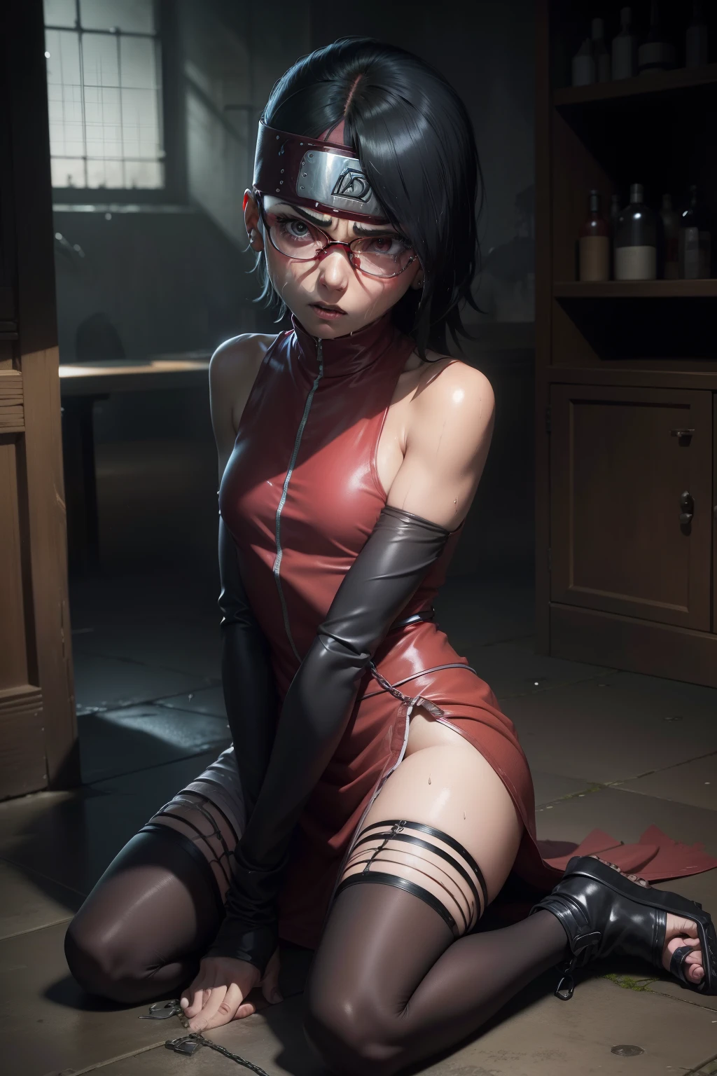 Naked, wet , wet  , wearing red clothes, black hair, short hair, showing ass, showing , cute face, sharingan eyes, sarada_uchiha, in bedroom , on the bed , naughty pose , side boob , tight latex dress , cameltpe