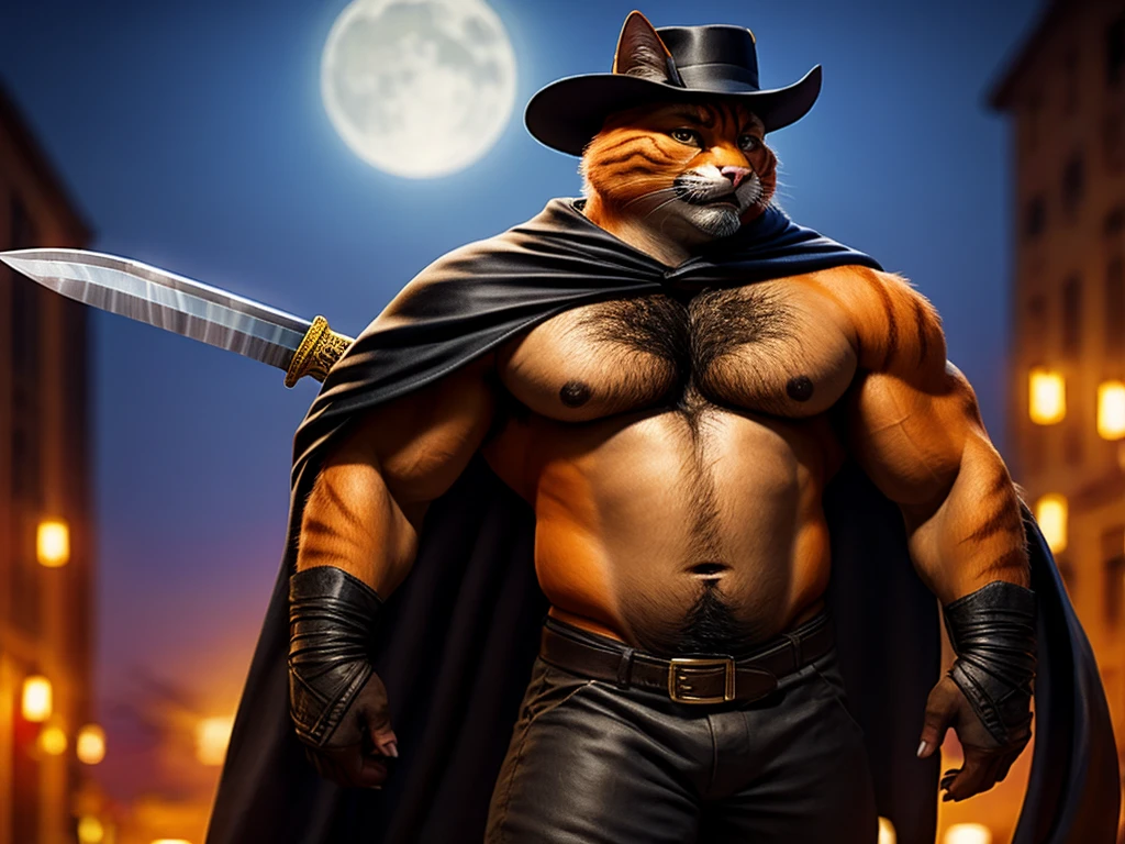 Puss is a orange cat he's wearing a black cavalier hat with a yellow feather, a black leather belt with a sword, a small black cape, and small black Corinthian boots anthro cat, male, adult, orange fur, buffed body, sexy, beefy body, furred body, beautiful, furry chest hair, realistic, full body, photorealistic, ultra realistic, 8k, night, bare-chested,