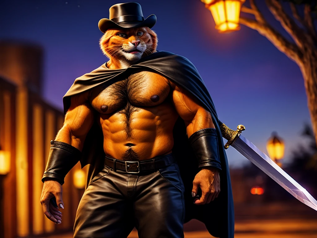 Puss is a orange cat he's wearing a black cavalier hat with a yellow feather, a black leather belt with a sword, a small black cape, and small black Corinthian boots anthro cat, male, adult, orange fur, buffed body, sexy, beefy body, furred body, beautiful, furry chest hair, realistic, full body, photorealistic, ultra realistic, 8k, night, bare-chested,