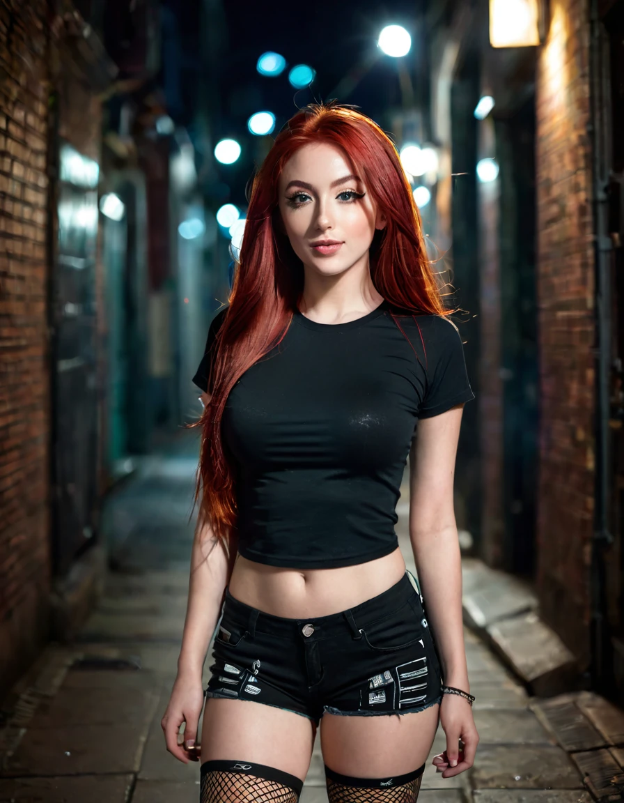 ultra realistic, photography, long red hair, girl, 24 years old, hourglass figure, perfect body, Flirty look, extremely detailed artgerm, in the style artgerm, small breasts, facing the camera, Nikon z fx, lens 35 mm, blur background, in an allyway at night, wearing a black tight t-shirt, shorts with fishnets, sneakers