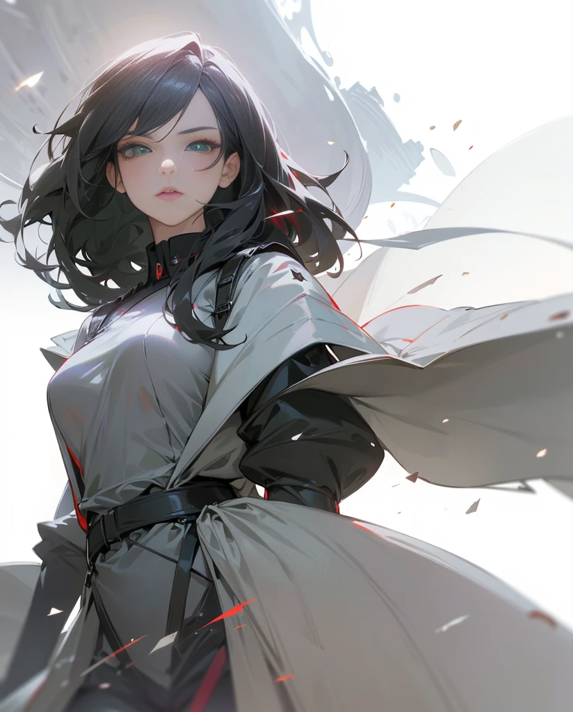 Elegant woman with cool red-purple heterochromia eyes, wearing a black military uniform, black trousers, long black hair (top quality, 8k, high, masterpiece), highly detailed facial features, intricate details, natural lighting, warm color, soft focus, digital painting, fantasy art, silhouette, red light, eerie atmosphare, green aura, black particles, green eye pupils, perfect eyes, beautiful eyes, big breasts.