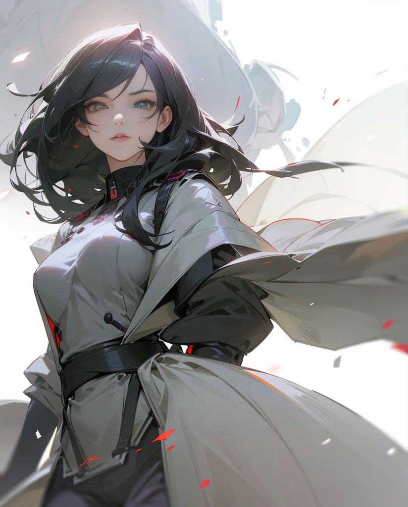Elegant woman with cool red-purple heterochromia eyes, wearing a black military uniform, black trousers, long black hair (top quality, 8k, high, masterpiece), highly detailed facial features, intricate details, natural lighting, warm color, soft focus, digital painting, fantasy art, silhouette, red light, eerie atmosphare, green aura, black particles, green eye pupils, perfect eyes, beautiful eyes, big breasts.