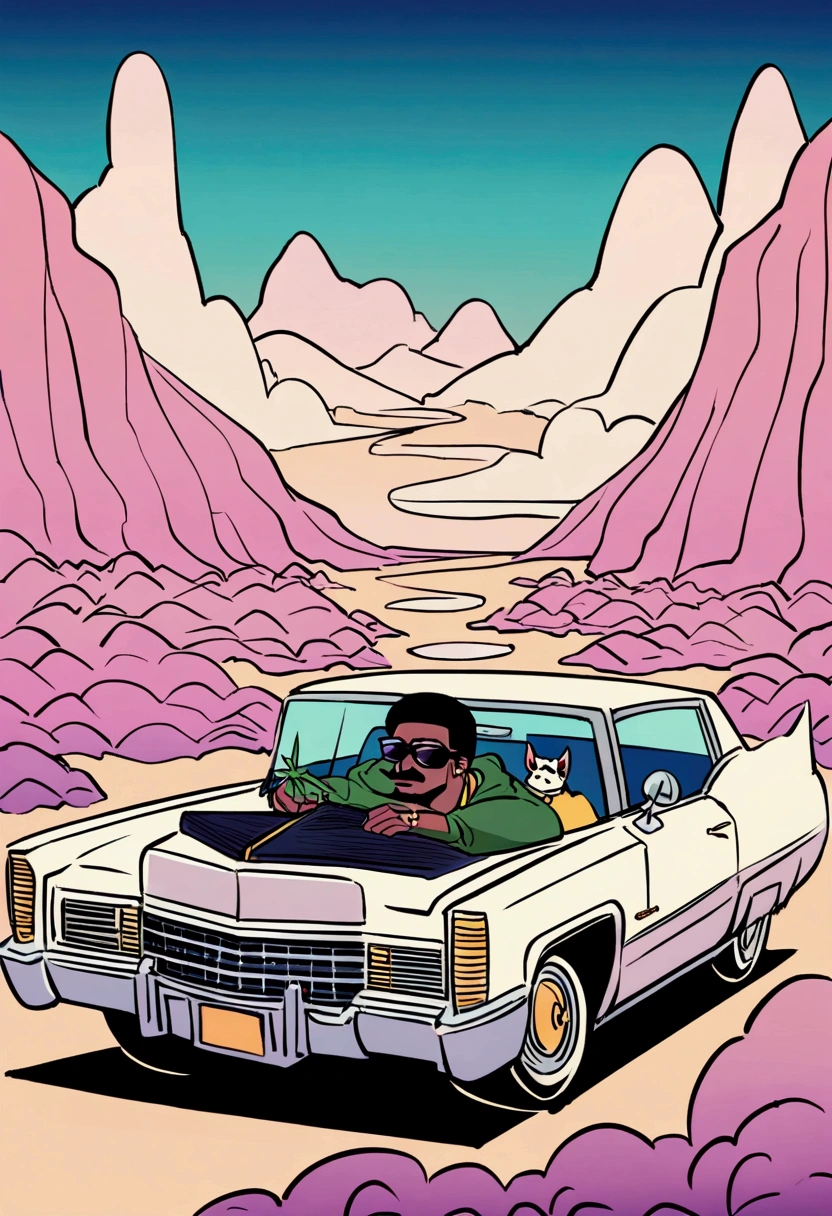ohotmo katsuhiro animated akira style character rapper snoop doggy dogg in detailed landscape of losangels smoking weed in front of cadillac