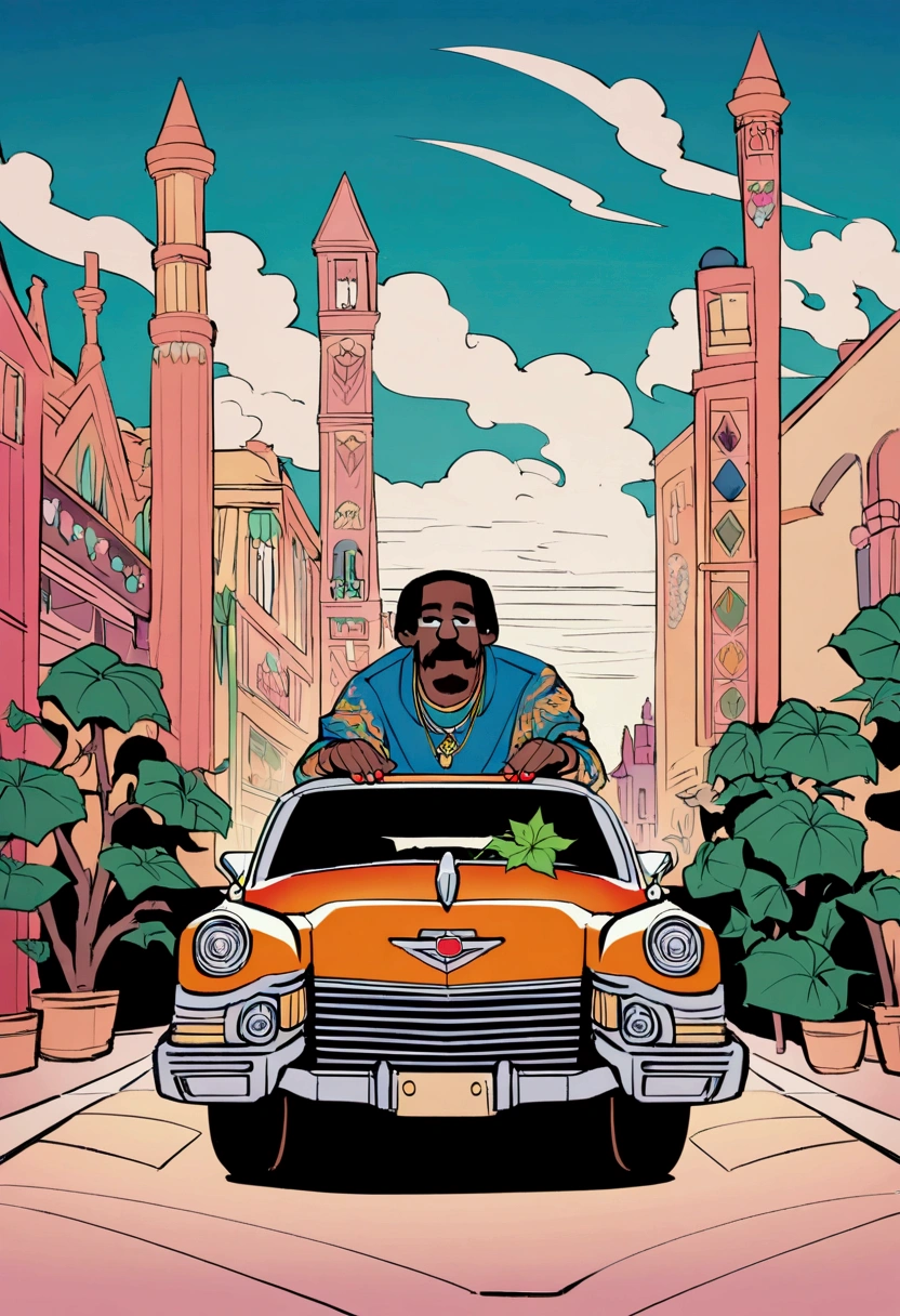 ohotmo katsuhiro animated akira style character rapper snoop doggy dogg in detailed landscape of losangels smoking weed in front of cadillac