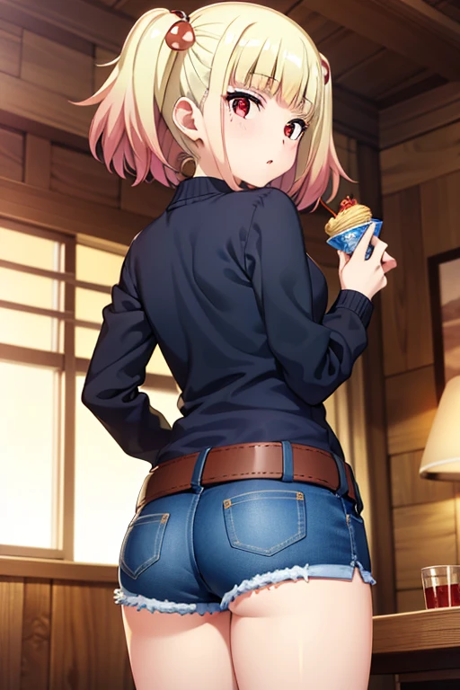 ((masterpiece)),(best quality),official art,extremely detailed CG,unity 8k wallpaper,ultra detailed,beautiful detailed eyes,extremely detailed face,1girl,solo,cowboy shot,looking at viewer,from behind,,niguredou julia,multicolored hair,gradient hair,pink hair,blonde hair,twintails,food-themed hair ornament,mushroom hair ornament,red eyes,white shirt,long sleeves,denim shorts,shorts rolled up,belt