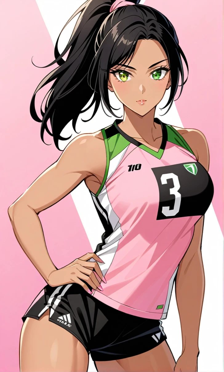 Woman, Athletic and toned body, light skin tone, long black hair tied in a ponytail, green eyes with a penetrating and seductive look, breasts big, exciting look, pink volleyball uniform, black top with neckline, shorts rosa curto