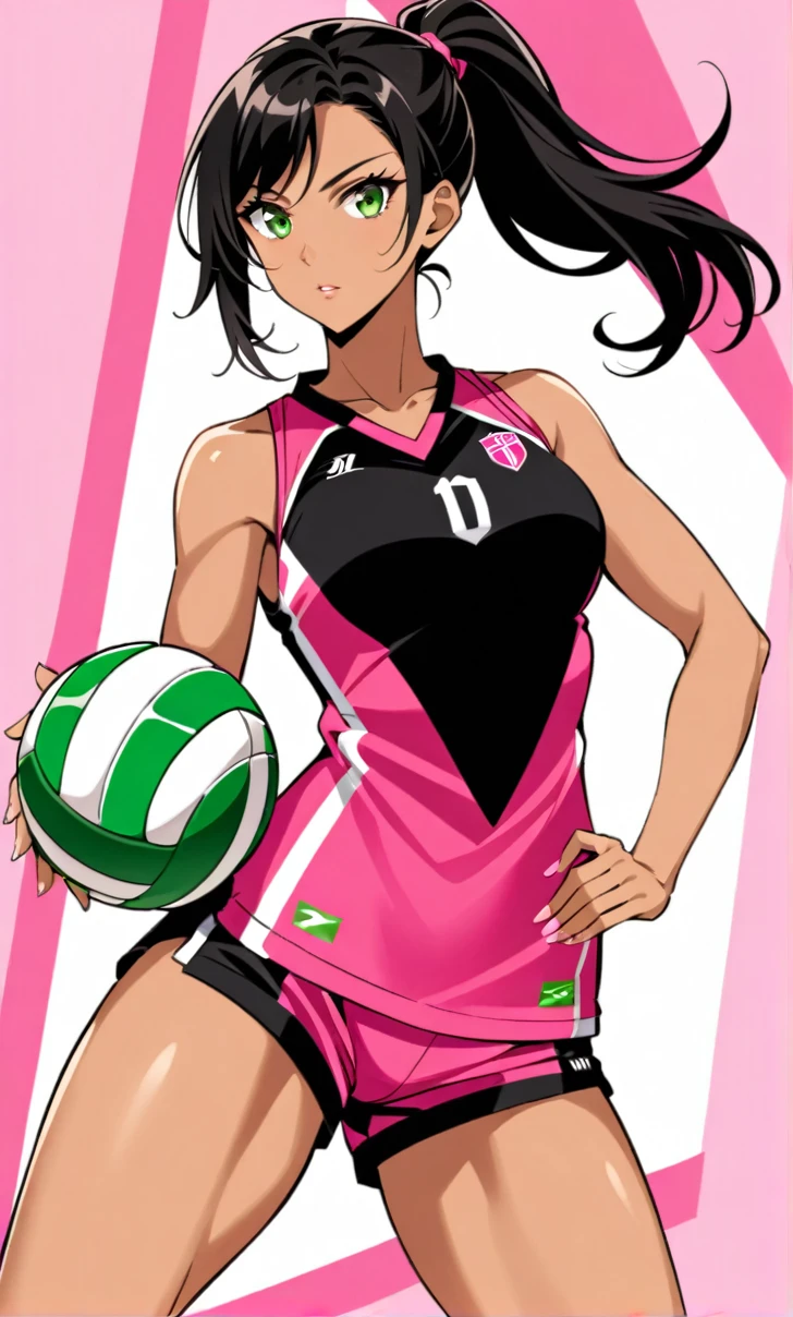 Woman, Athletic and toned body, light skin tone, long black hair tied in a ponytail, green eyes with a penetrating and seductive look, breasts big, exciting look, pink volleyball uniform, black top with neckline, shorts rosa curto