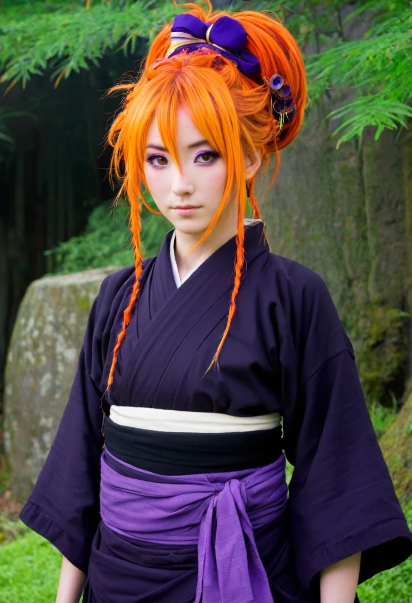 A Ghibli's studio character (2D). She have long orange and purple hair are tied but look messy. She wears dark oiran clothes . she seems cold