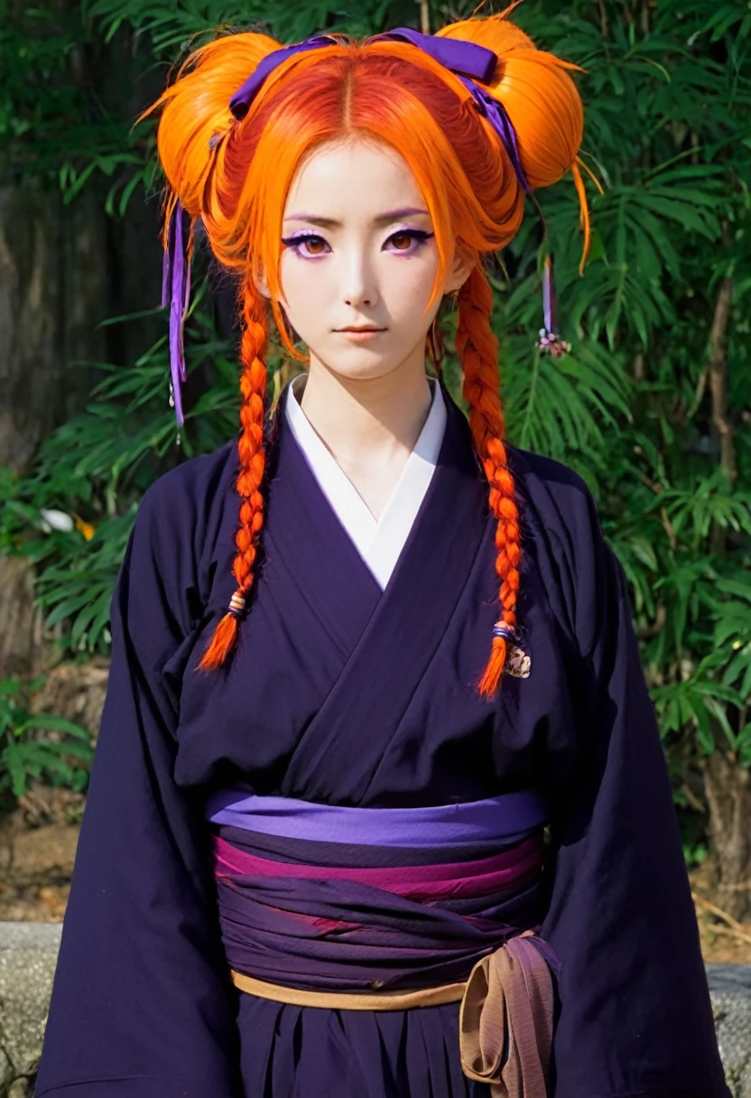 A Ghibli's studio character (2D). She have long orange and purple hair are tied but look messy. She wears dark oiran clothes . she seems cold