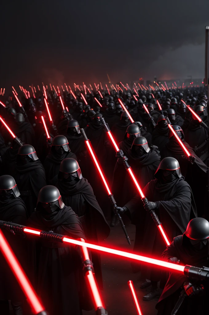 An army of people in black clothes and red lightsabers