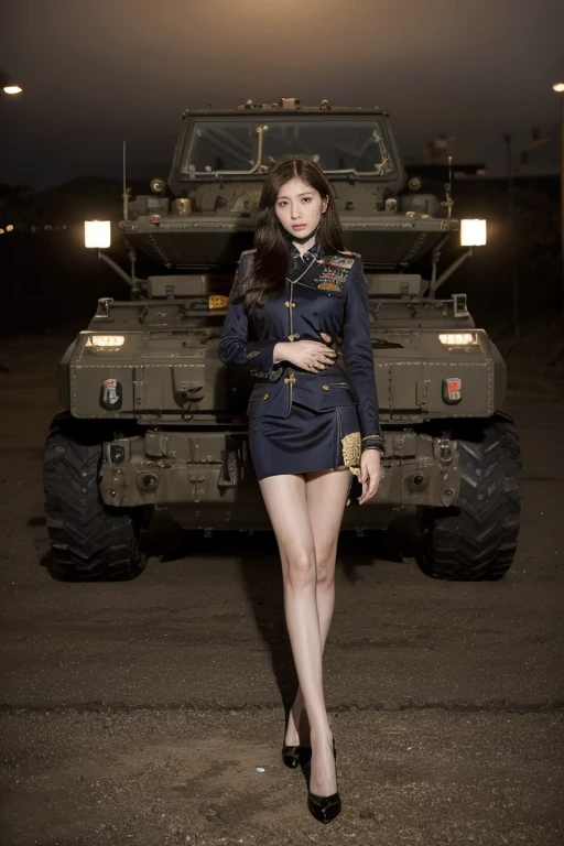 masterpiece, best quality, Spectacular night view,1 Woman,Full body portrait,Beautiful eyed girl,Detailed military uniform,Long slender legs,military vehicle,