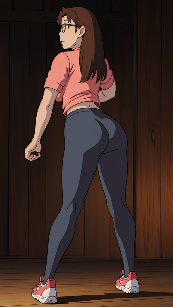 Koyomi Mizuhara, girl, brown hair, long hair, glasses, brown eyes, shirt, biker short leggings, medium breasts, short socks, shoes, Wallpaper, standing up, luscious lips, Back of view, slim waistline, wet shirt, abs, curvy, bent over, thighs spread, medium ass, smirk, lewd, naughty, porn 