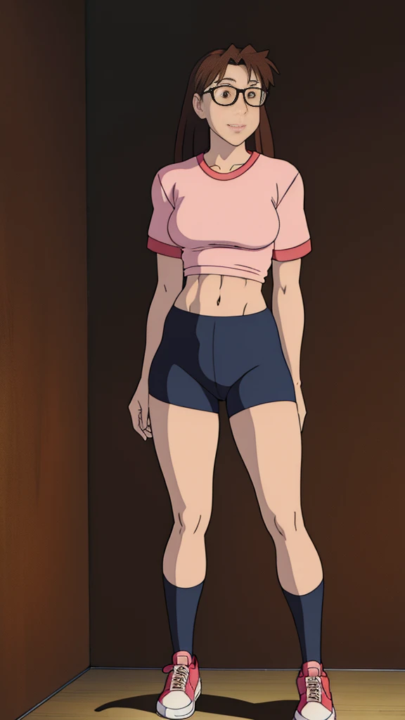 Koyomi Mizuhara, girl, brown hair, long hair, glasses, brown eyes, shirt, biker short leggings, medium breasts, short socks, shoes, Wallpaper, standing up, luscious lips, Back of view, slim waistline, wet shirt, abs, curvy, bent over, thighs spread, medium ass, smirk, lewd, naughty, porn