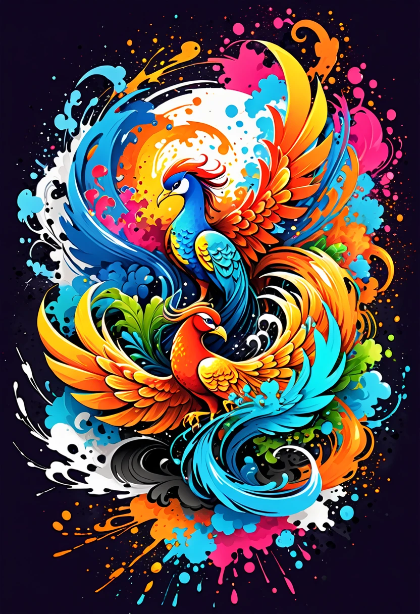 vector art with Colorful illustration with Phoenix, At the center, swirly vibrant colors，graffiti art，ink spatter，UHD quality, details in 16k, Wild and unbridled，ink wink painting，rich and colorful，visual impact,modern aesthetic,Elegant and simple, Hawaii Island Background