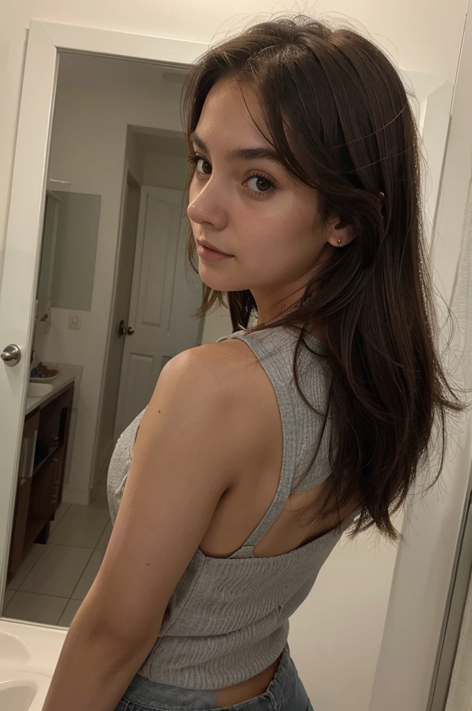 1 girl, selfie al espejo mostrando sus grandes nalgas, 21 years old, Brown hair , Short hair reaching shoulders, Gray eyes