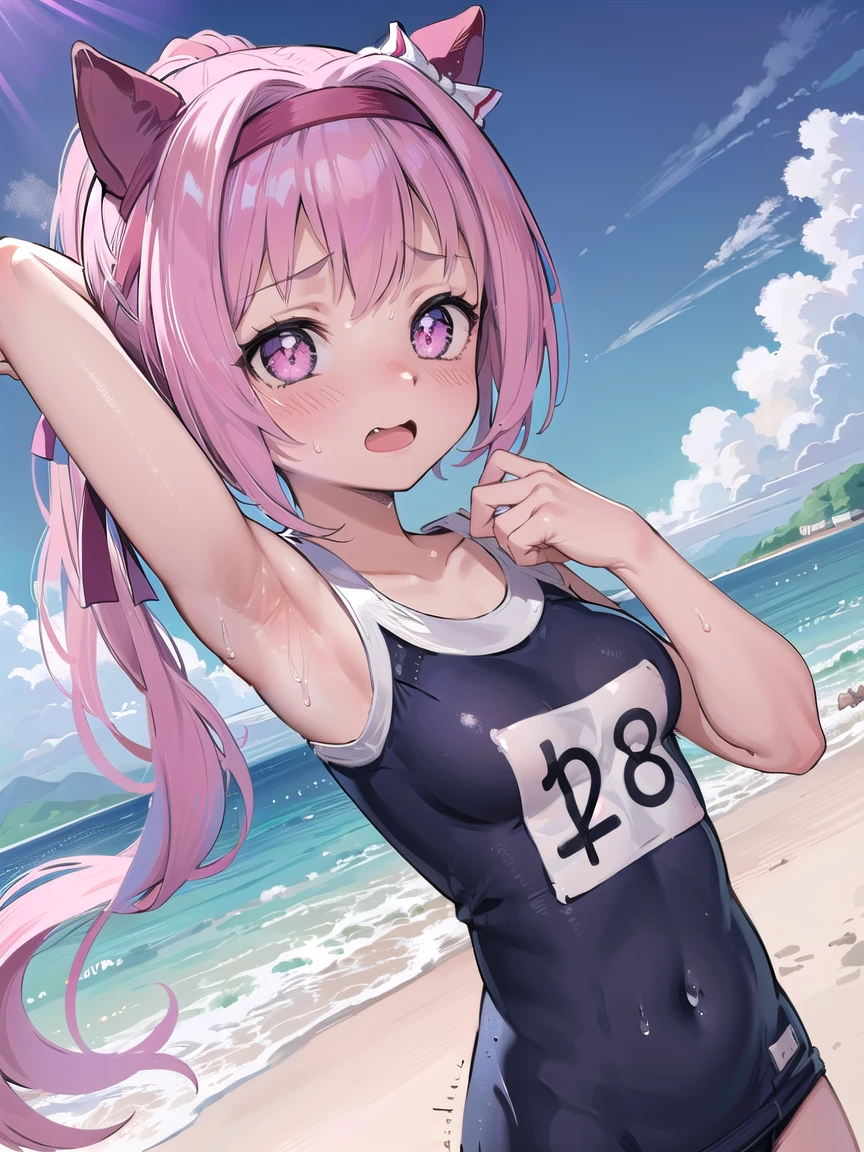 ((masterpiece,best quality)),high resolution,ultra detailed,8k,16k,detailed background, perfect lighting,detailed beautiful eyes,1girl,nsfw,embarrassed,blush,look at viewer,from front,face focus,fisheye lens,steam,sweat,confused,(cum on armpits:1.2),(school swimsuit,show off armpits,upper body:1.4),naughty face,wavy mouth,open mouth,haru urara,pink hair,pink eyes,long ponytail,short stature,little_girl,child_body,small breast,flower shaped pupils,(anime style:1.2),seaside beach