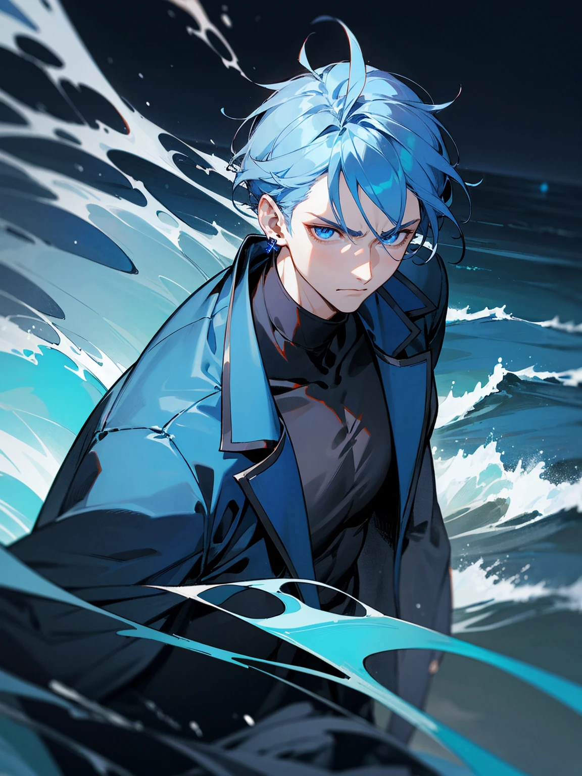 1male, dark blue hair, vergil hair, medium length hair,  light blue eyes, blue Yukata, black turtle neck shirt, earrings, serious, beach, night time, waves in background