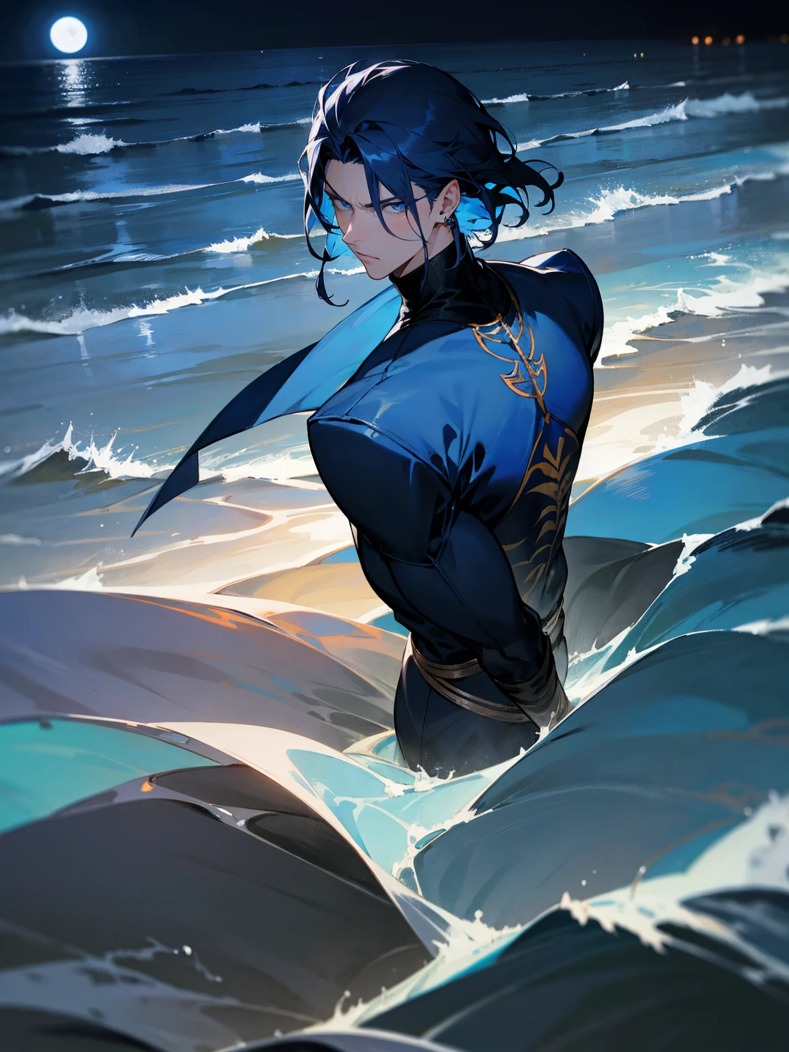 1male, dark blue hair, vergil hair, medium length hair,  light blue eyes, blue Yukata, black turtle neck shirt, earrings, serious, beach, night time, waves in background
