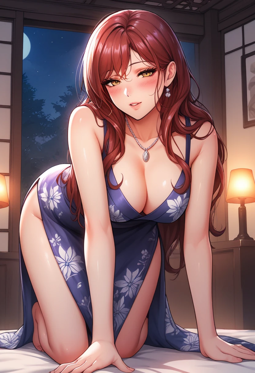 score_9, score_8_up, score_7_up, score_6_up, score_5_up, score_4_up, yu hee, golden eyes, red hair, long hair, thigh, lie, golden eyes, no underwear, beautiful vagina, beautiful eyes, blush, traditional Chinese room, night, beautiful breasts , shiny lips, shiny lips, wet vagina, penis between her breasts, breast sex, sperm, riding, smiling, satisfied.