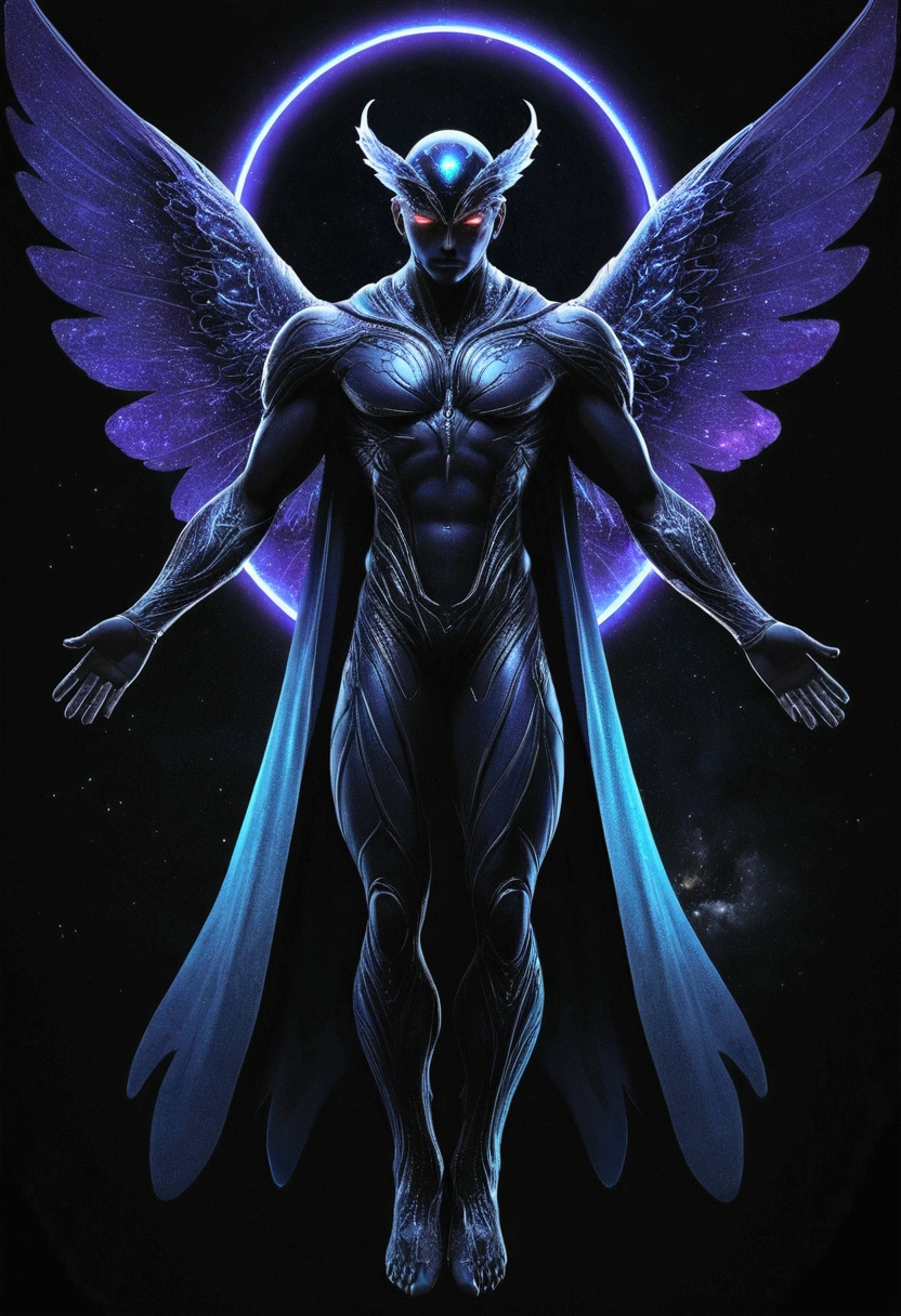 Fantasy style, Creatures made of dark matter,Continuous transformation and regeneration. His morphology is the same as that of a normal male human.. but, There is a floating halo above the head. also, On your back, He has a pair of floating wings that are not connected to his body..